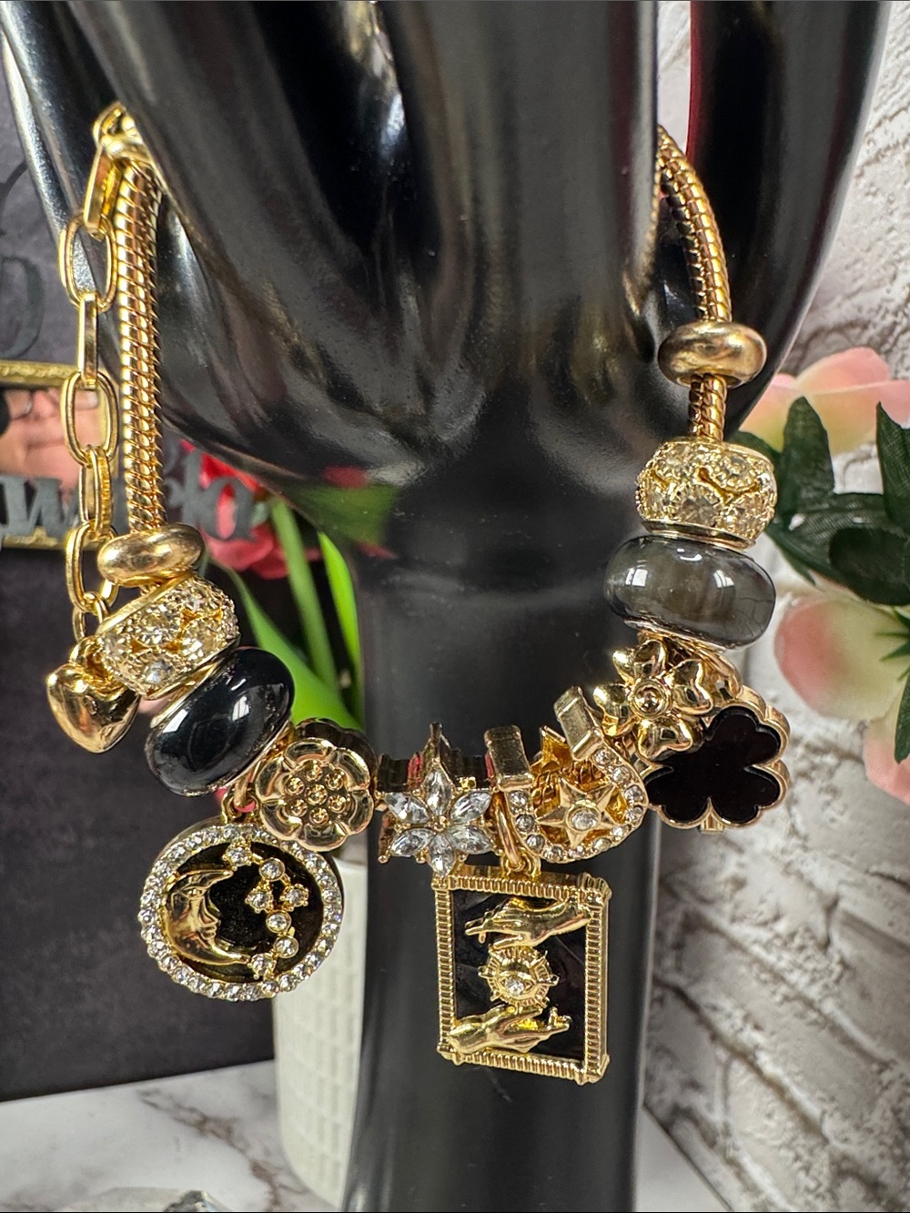 Gold and Black Charm Bracelet - Women's Fashion Jewelry